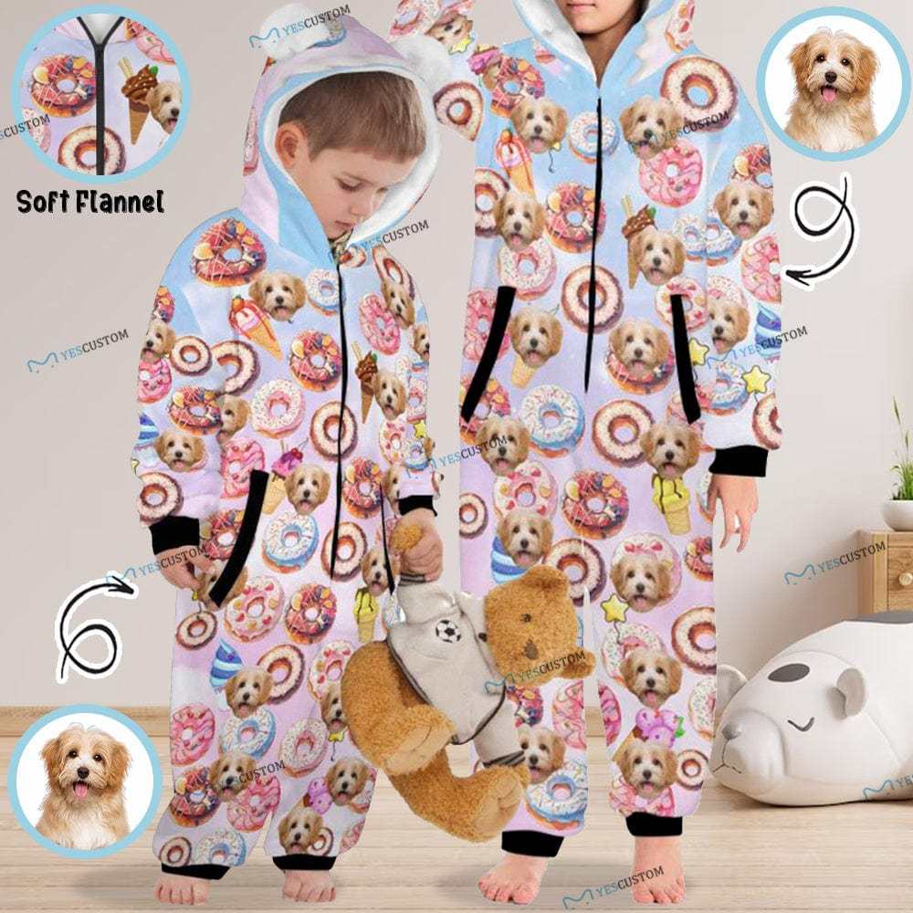 Custom #For 2-15Y-Custom Face Donut Children's Coral Fleece Comfortable And Warm Zipper Onesie Pajamas One Piece Sleepwear - YesCustom