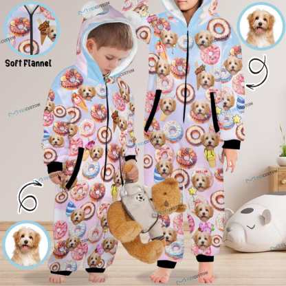 Custom #For 2-15Y-Custom Face Donut Children's Coral Fleece Comfortable And Warm Zipper Onesie Pajamas One Piece Sleepwear - YesCustom