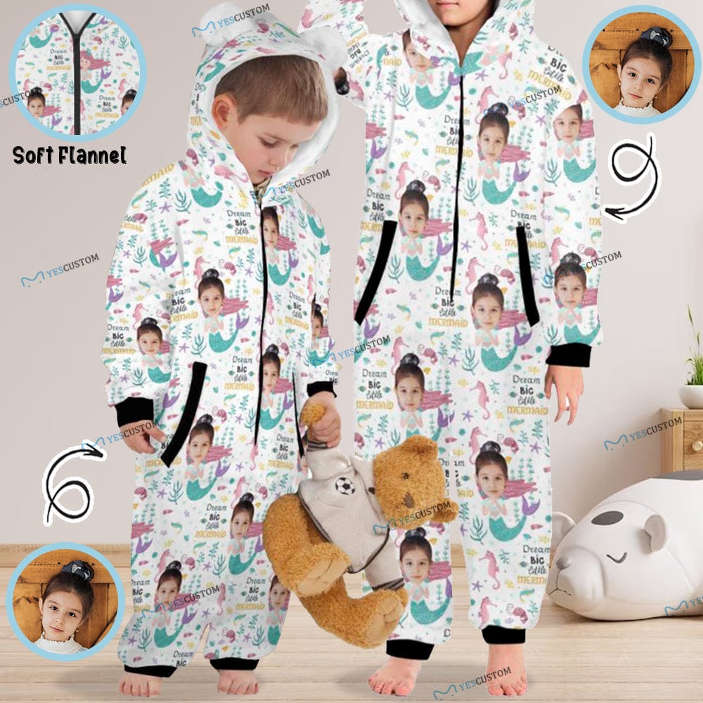Custom #For 2-15Y-Custom Face Mermaid Children's Coral Fleece Comfortable And Warm Zipper Onesie Pajamas One Piece Sleepwear - YesCustom