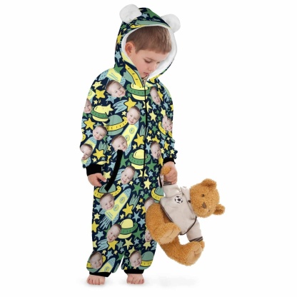 Custom #For 2-15Y-Custom Face Spaceship Children's Coral Fleece Comfortable And Warm Zipper Onesie Pajamas One Piece Sleepwear - YesCustom
