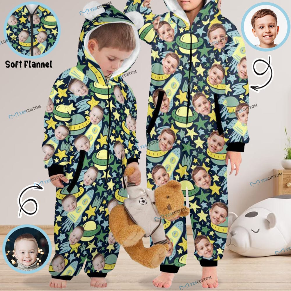 Custom #For 2-15Y-Custom Face Spaceship Children's Coral Fleece Comfortable And Warm Zipper Onesie Pajamas One Piece Sleepwear - YesCustom