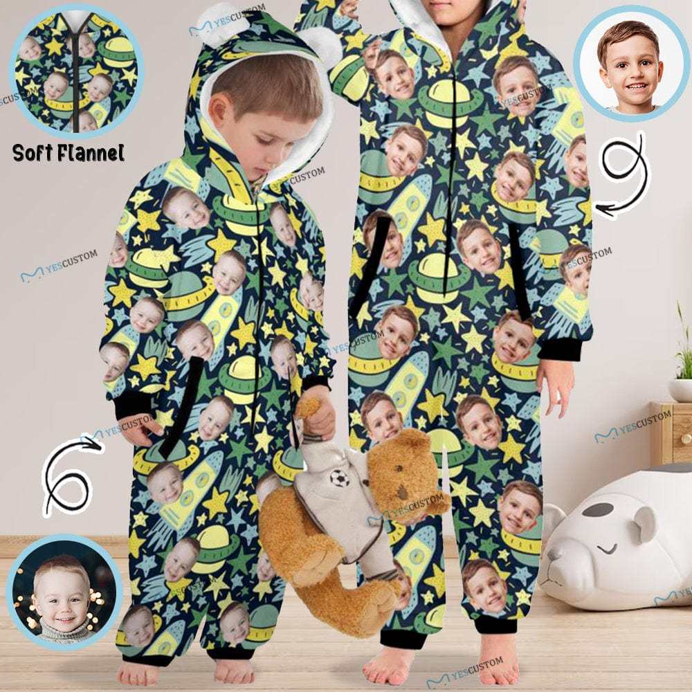 Custom #For 2-15Y-Custom Face Spaceship Children's Coral Fleece Comfortable And Warm Zipper Onesie Pajamas One Piece Sleepwear - YesCustom