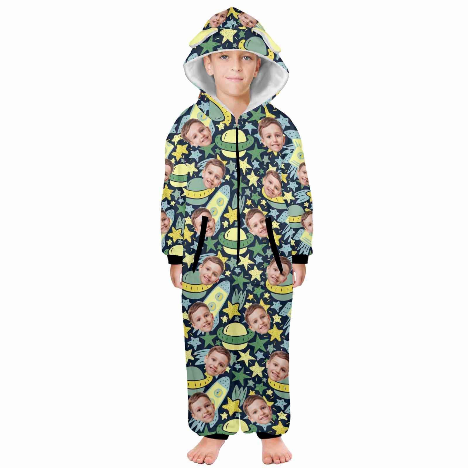 Custom #For 2-15Y-Custom Face Spaceship Children's Coral Fleece Comfortable And Warm Zipper Onesie Pajamas One Piece Sleepwear - YesCustom