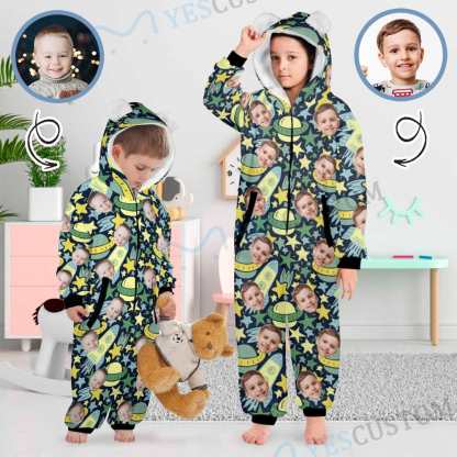 Custom #For 2-15Y-Custom Face Spaceship Children's Coral Fleece Comfortable And Warm Zipper Onesie Pajamas One Piece Sleepwear - YesCustom