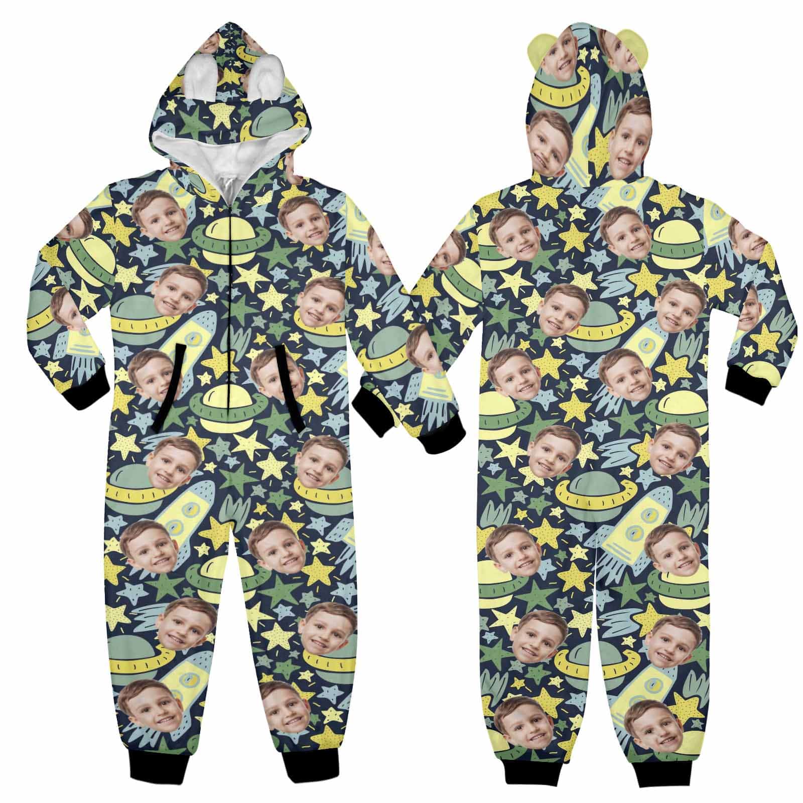 Custom #For 2-15Y-Custom Face Spaceship Children's Coral Fleece Comfortable And Warm Zipper Onesie Pajamas One Piece Sleepwear - YesCustom