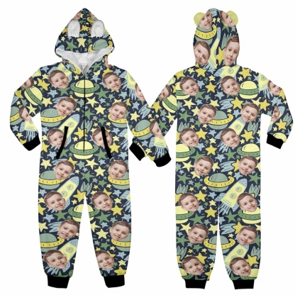 Custom #For 2-15Y-Custom Face Spaceship Children's Coral Fleece Comfortable And Warm Zipper Onesie Pajamas One Piece Sleepwear - YesCustom