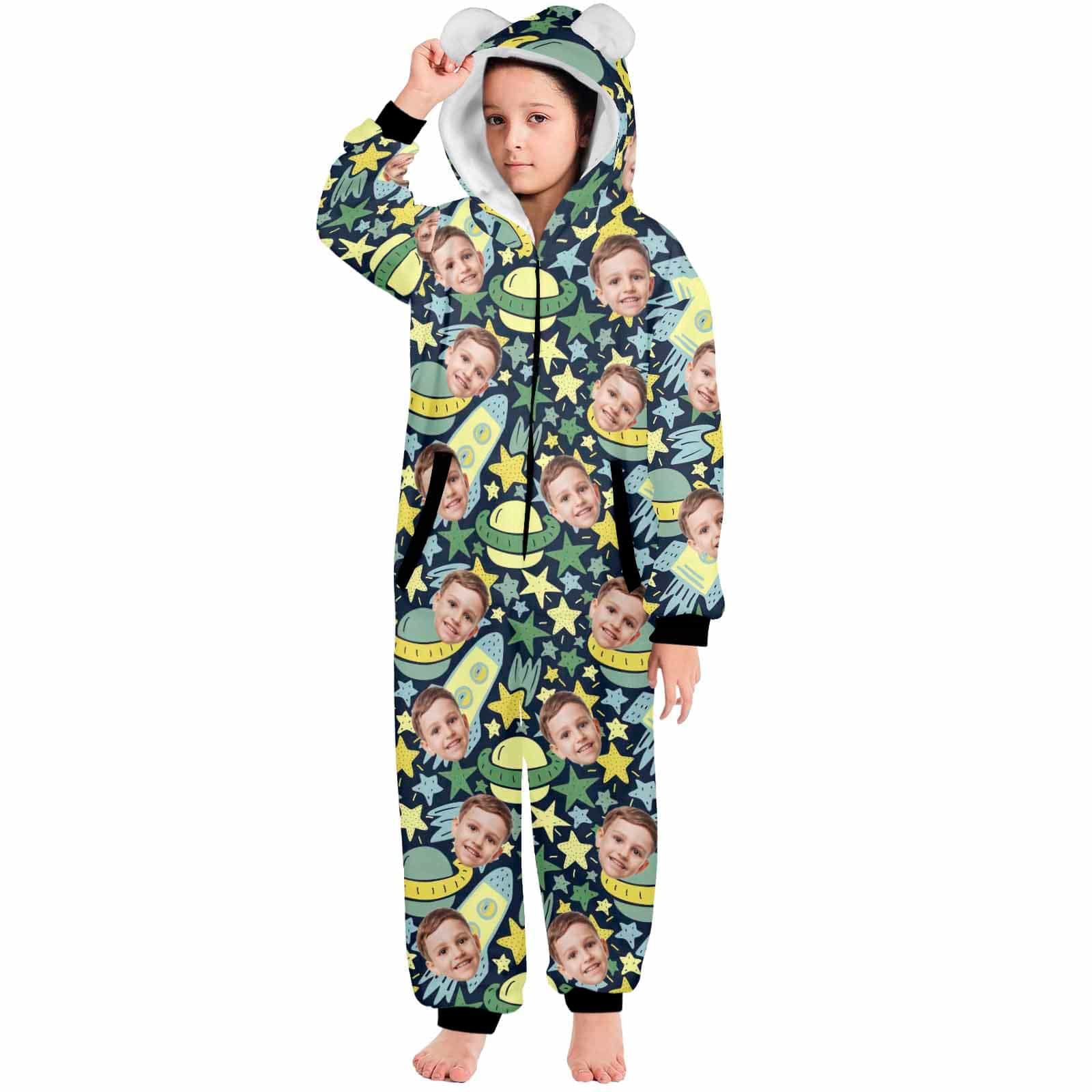 Custom #For 2-15Y-Custom Face Spaceship Children's Coral Fleece Comfortable And Warm Zipper Onesie Pajamas One Piece Sleepwear - YesCustom