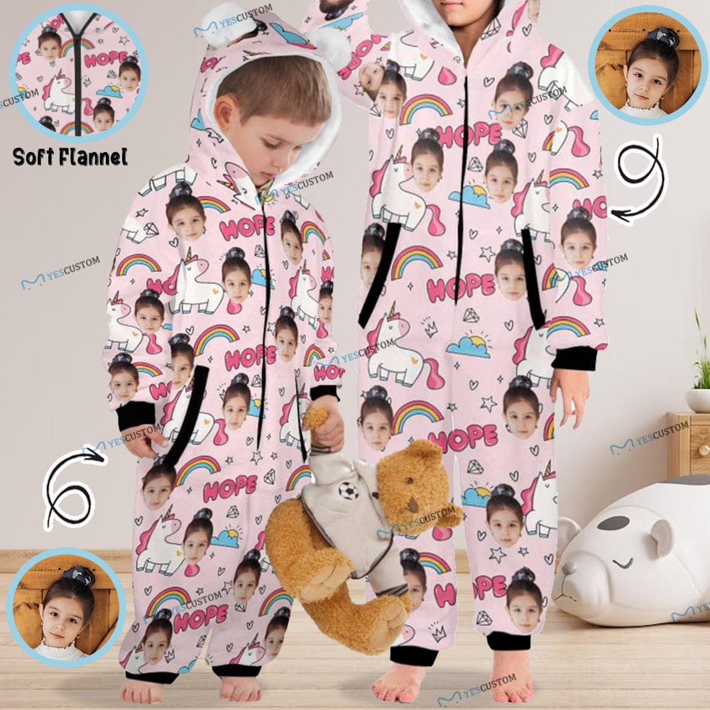 Custom #For 2-15Y-Custom Face Unicorn Children's Coral Fleece Comfortable And Warm Zipper Onesie Pajamas One Piece Sleepwear - YesCustom