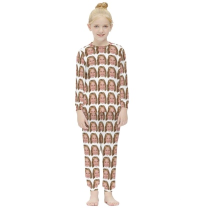 Custom #For 6-12Y Custom Face Seamless Pajamas White Nightwear Personalized Kids Long Sleeve Pajama Set - YesCustom