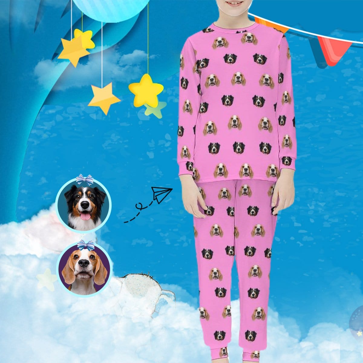 Custom #For 6-12Y Custom Pets Face Pajamas Pink Sleepwear Personalized Kids Long Sleeve Pajama Set - YesCustom