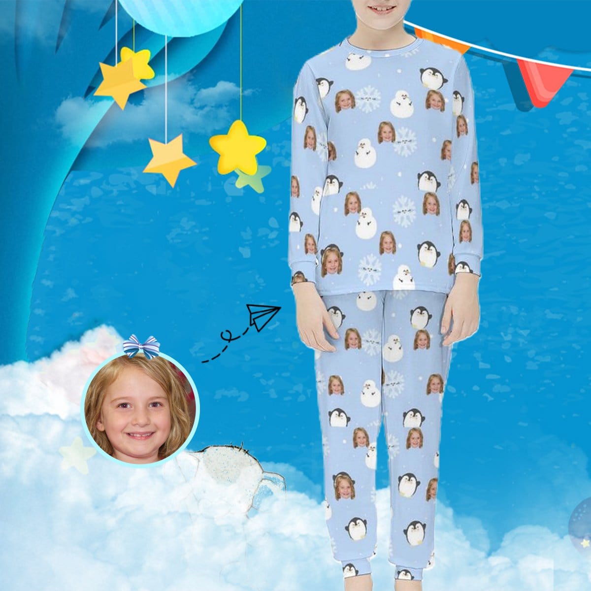 Custom #For 6-12Y Kids Long Sleeve Pajama Set Custom Face Snowmen Snowflakes Sleep Pjs 2 Piece Nightwear - YesCustom