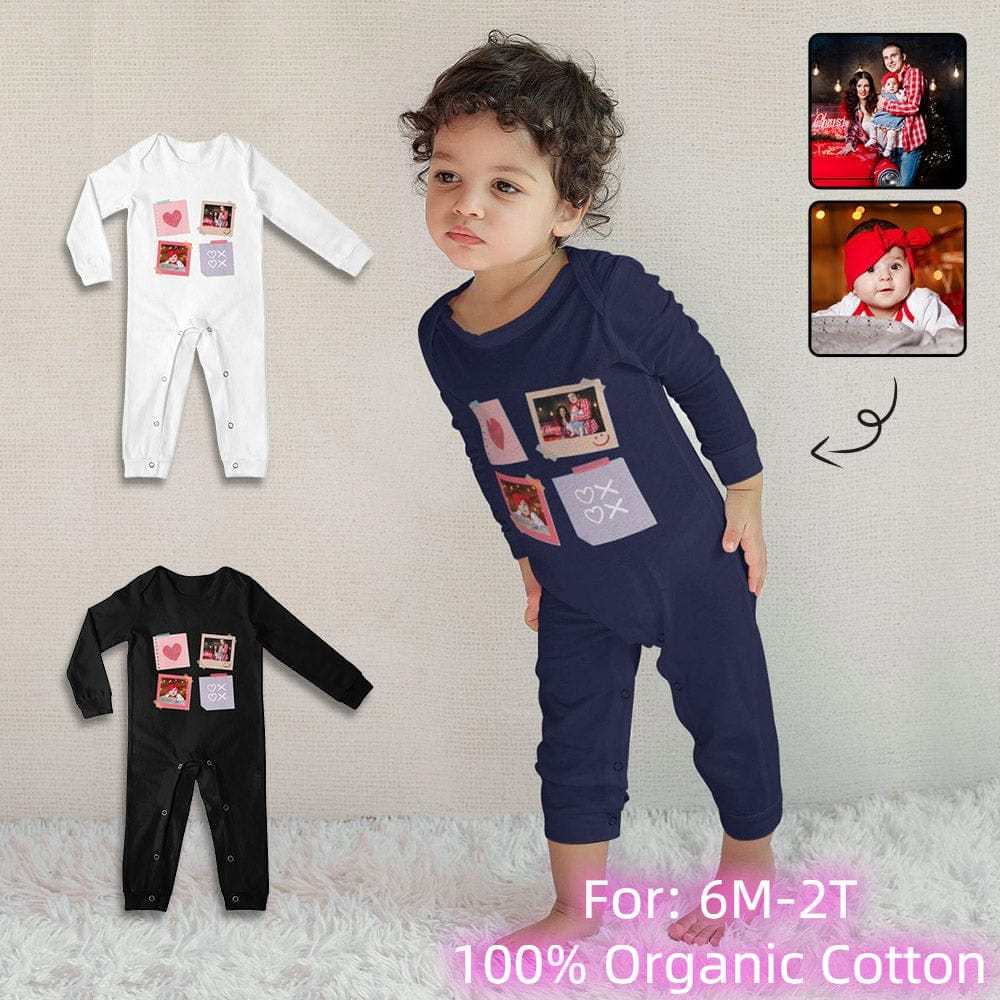 Custom #For 6M-2T-Custom 2 Photos Heart Baby Long Sleeve Rompers 100% Organic Cotton Jumpsuit One-piece Coverall and Layette Set - YesCustom