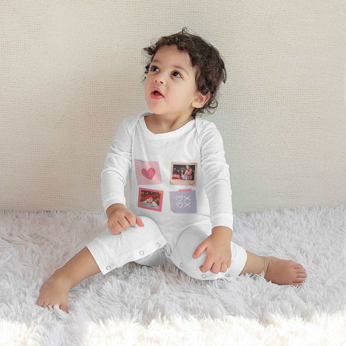 Custom #For 6M-2T-Custom 2 Photos Heart Baby Long Sleeve Rompers 100% Organic Cotton Jumpsuit One-piece Coverall and Layette Set - YesCustom