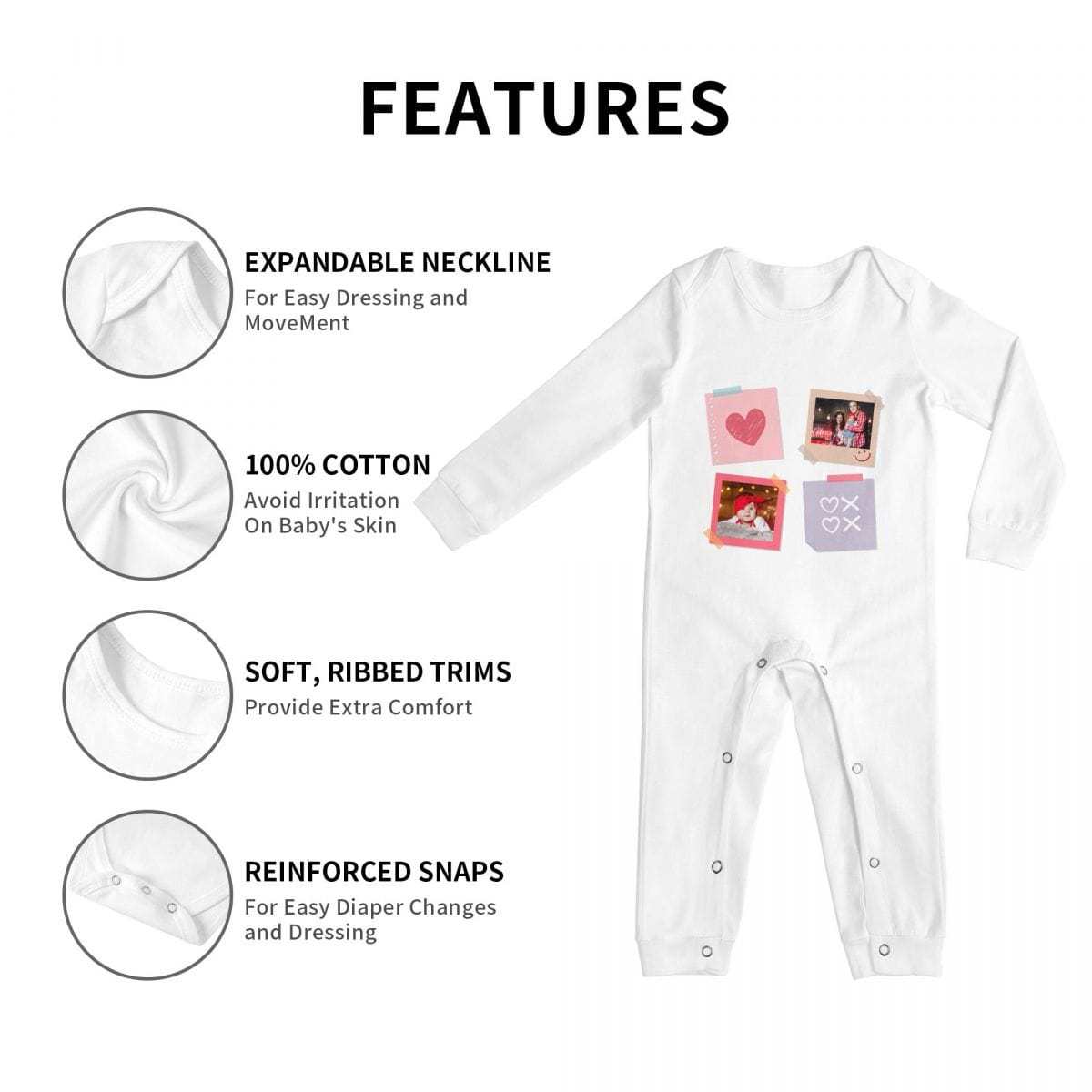 Custom #For 6M-2T-Custom 2 Photos Heart Baby Long Sleeve Rompers 100% Organic Cotton Jumpsuit One-piece Coverall and Layette Set - YesCustom