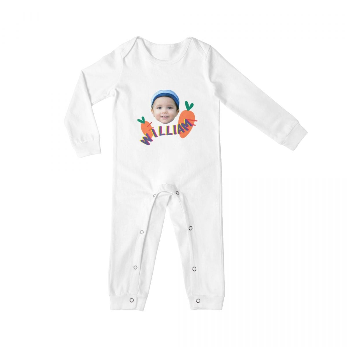 Custom #For 6M-2T-Custom Face&Name Carrot Long Sleeve Rompers 100% Organic Cotton Jumpsuit One-piece Coverall and Layette Set - YesCustom