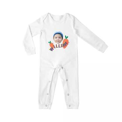 Custom #For 6M-2T-Custom Face&Name Carrot Long Sleeve Rompers 100% Organic Cotton Jumpsuit One-piece Coverall and Layette Set - YesCustom