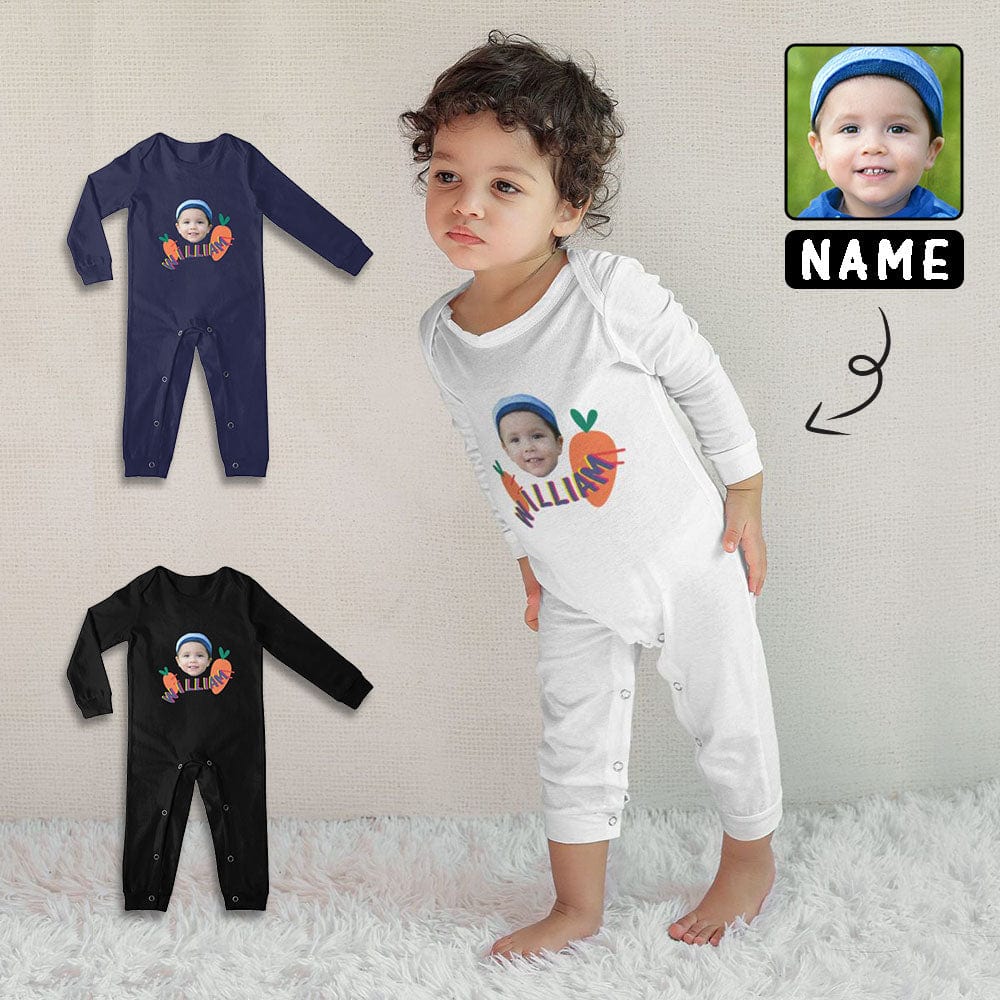 Custom #For 6M-2T-Custom Face&Name Carrot Long Sleeve Rompers 100% Organic Cotton Jumpsuit One-piece Coverall and Layette Set - YesCustom