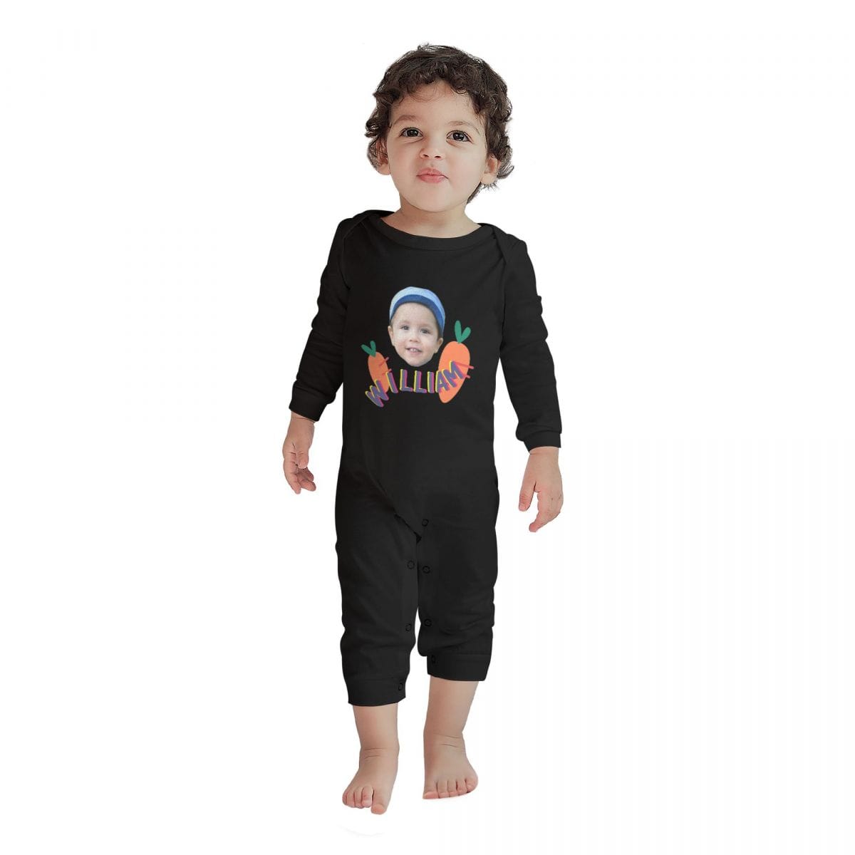 Custom #For 6M-2T-Custom Face&Name Carrot Long Sleeve Rompers 100% Organic Cotton Jumpsuit One-piece Coverall and Layette Set - YesCustom