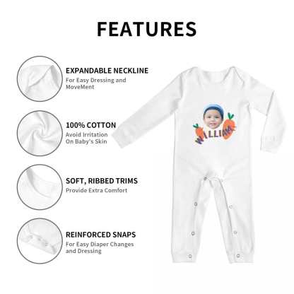Custom #For 6M-2T-Custom Face&Name Carrot Long Sleeve Rompers 100% Organic Cotton Jumpsuit One-piece Coverall and Layette Set - YesCustom