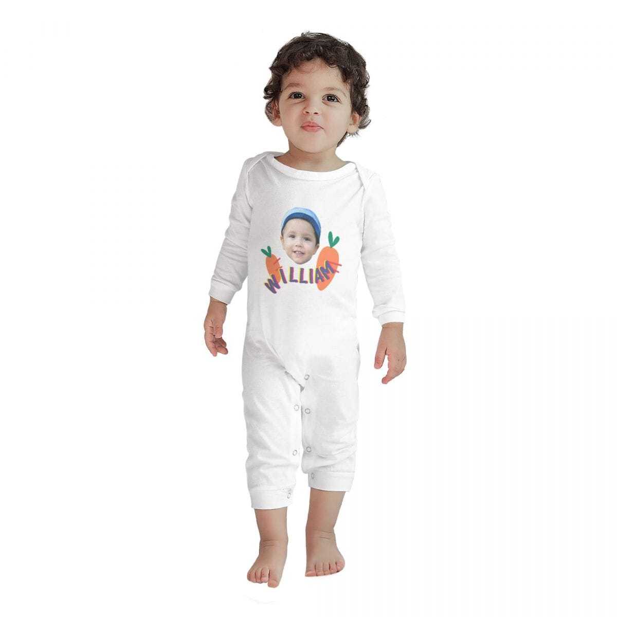 Custom #For 6M-2T-Custom Face&Name Carrot Long Sleeve Rompers 100% Organic Cotton Jumpsuit One-piece Coverall and Layette Set - YesCustom