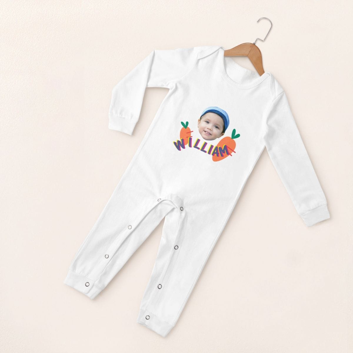 Custom #For 6M-2T-Custom Face&Name Carrot Long Sleeve Rompers 100% Organic Cotton Jumpsuit One-piece Coverall and Layette Set - YesCustom