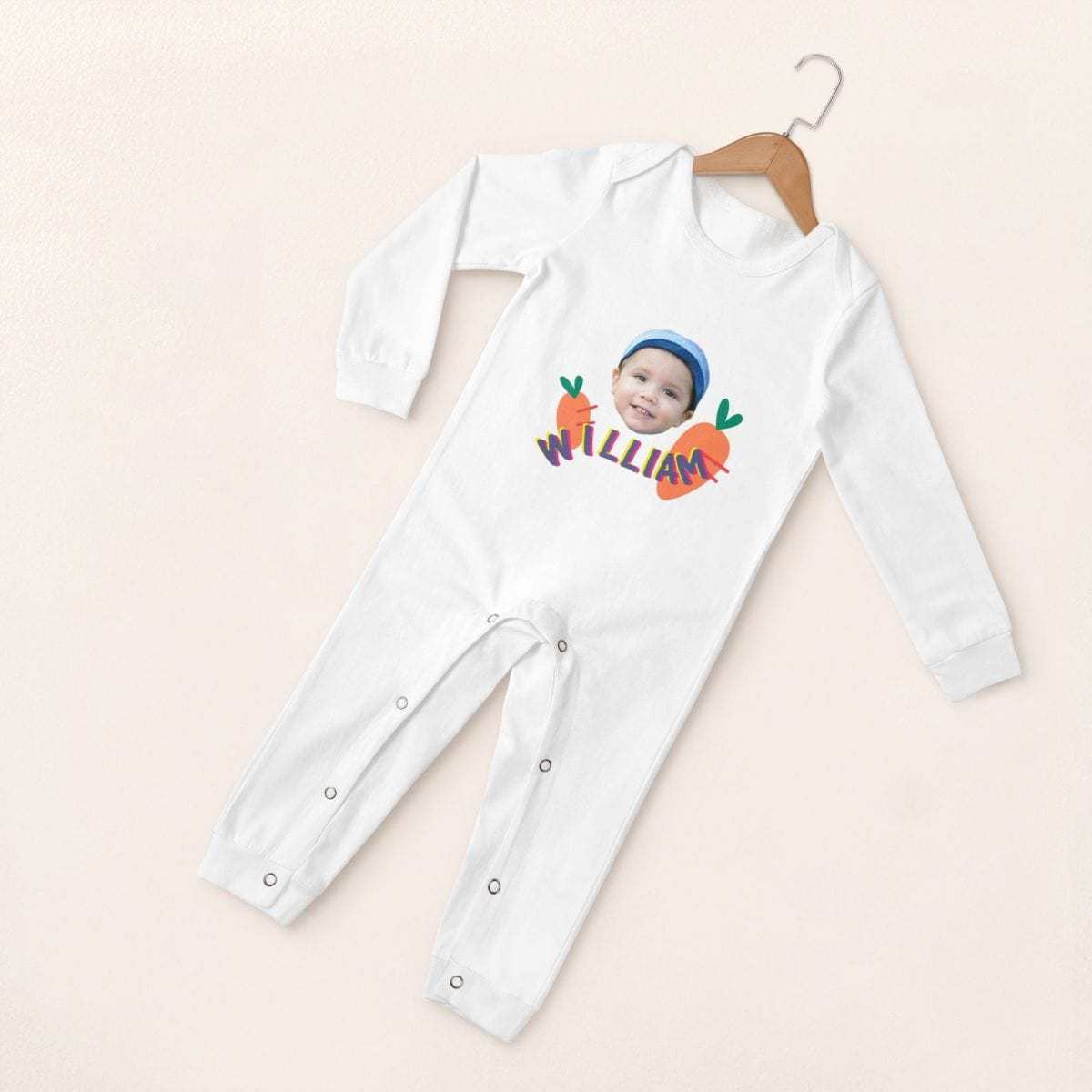 Custom #For 6M-2T-Custom Face&Name Carrot Long Sleeve Rompers 100% Organic Cotton Jumpsuit One-piece Coverall and Layette Set - YesCustom