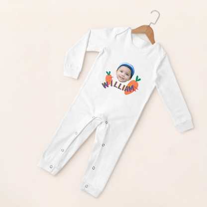 Custom #For 6M-2T-Custom Face&Name Carrot Long Sleeve Rompers 100% Organic Cotton Jumpsuit One-piece Coverall and Layette Set - YesCustom