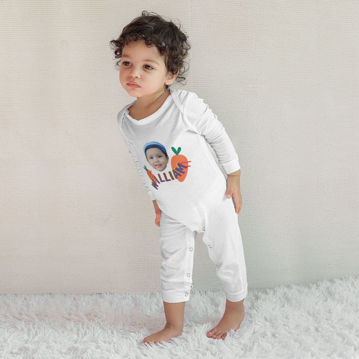 Custom #For 6M-2T-Custom Face&Name Carrot Long Sleeve Rompers 100% Organic Cotton Jumpsuit One-piece Coverall and Layette Set - YesCustom