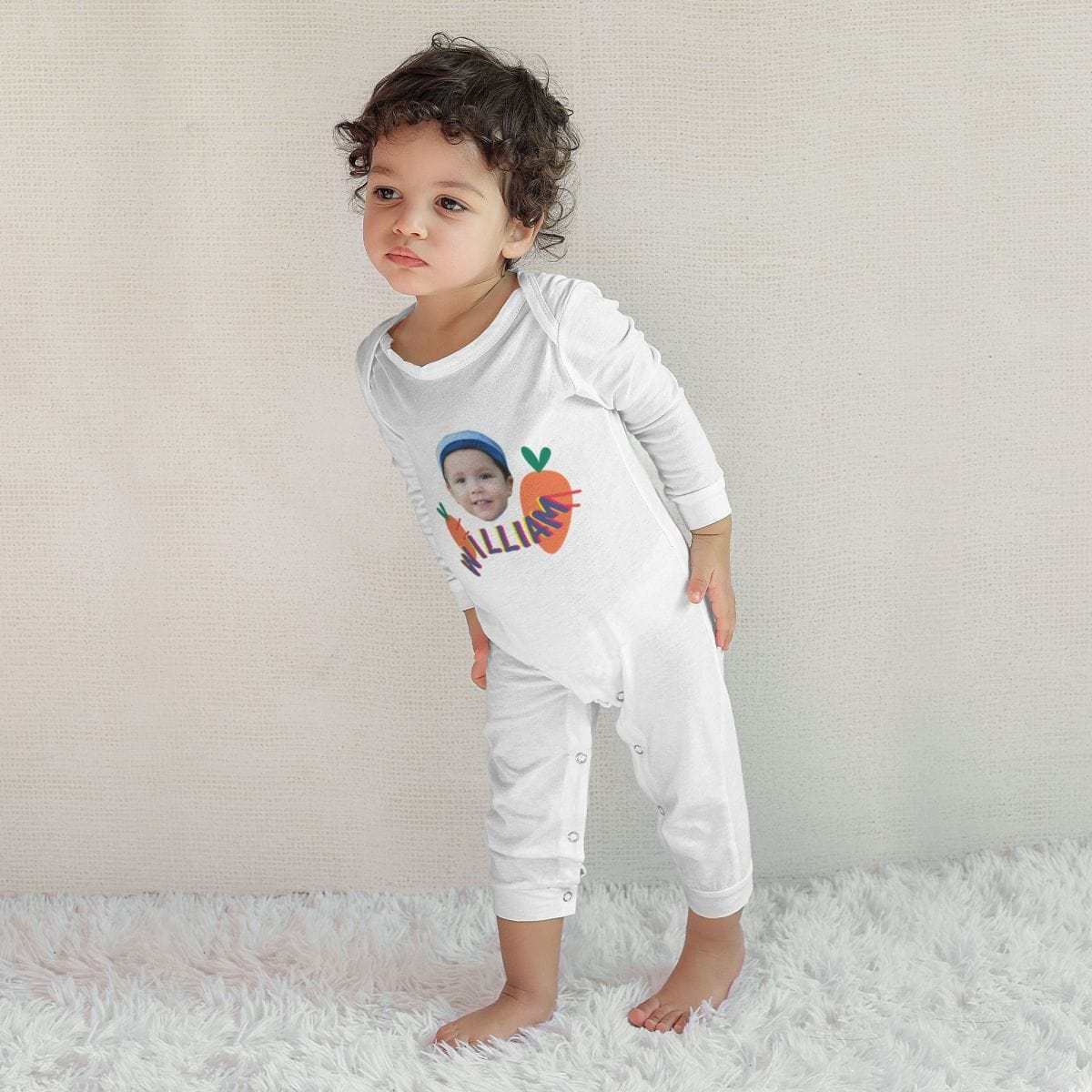 Custom #For 6M-2T-Custom Face&Name Carrot Long Sleeve Rompers 100% Organic Cotton Jumpsuit One-piece Coverall and Layette Set - YesCustom