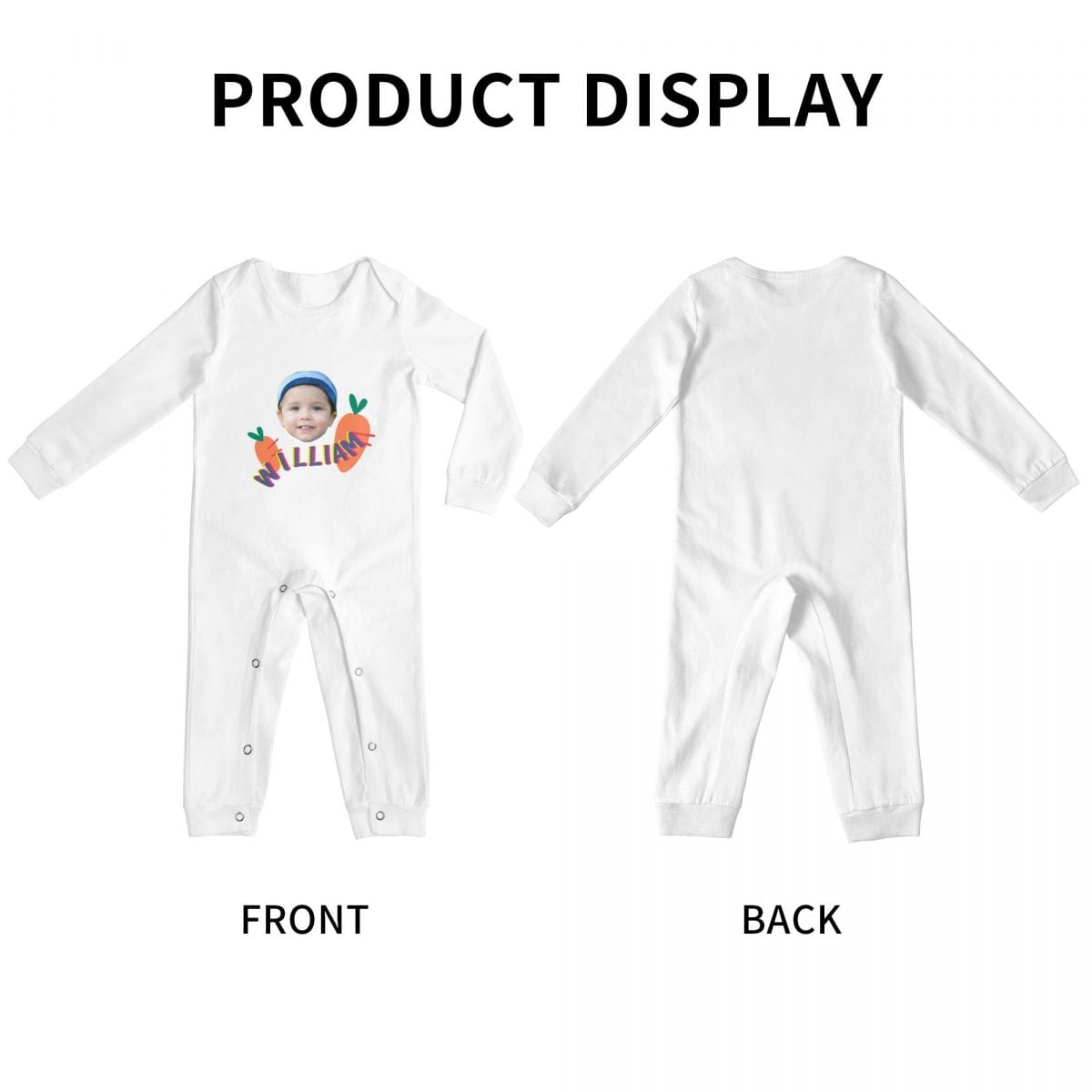 Custom #For 6M-2T-Custom Face&Name Carrot Long Sleeve Rompers 100% Organic Cotton Jumpsuit One-piece Coverall and Layette Set - YesCustom