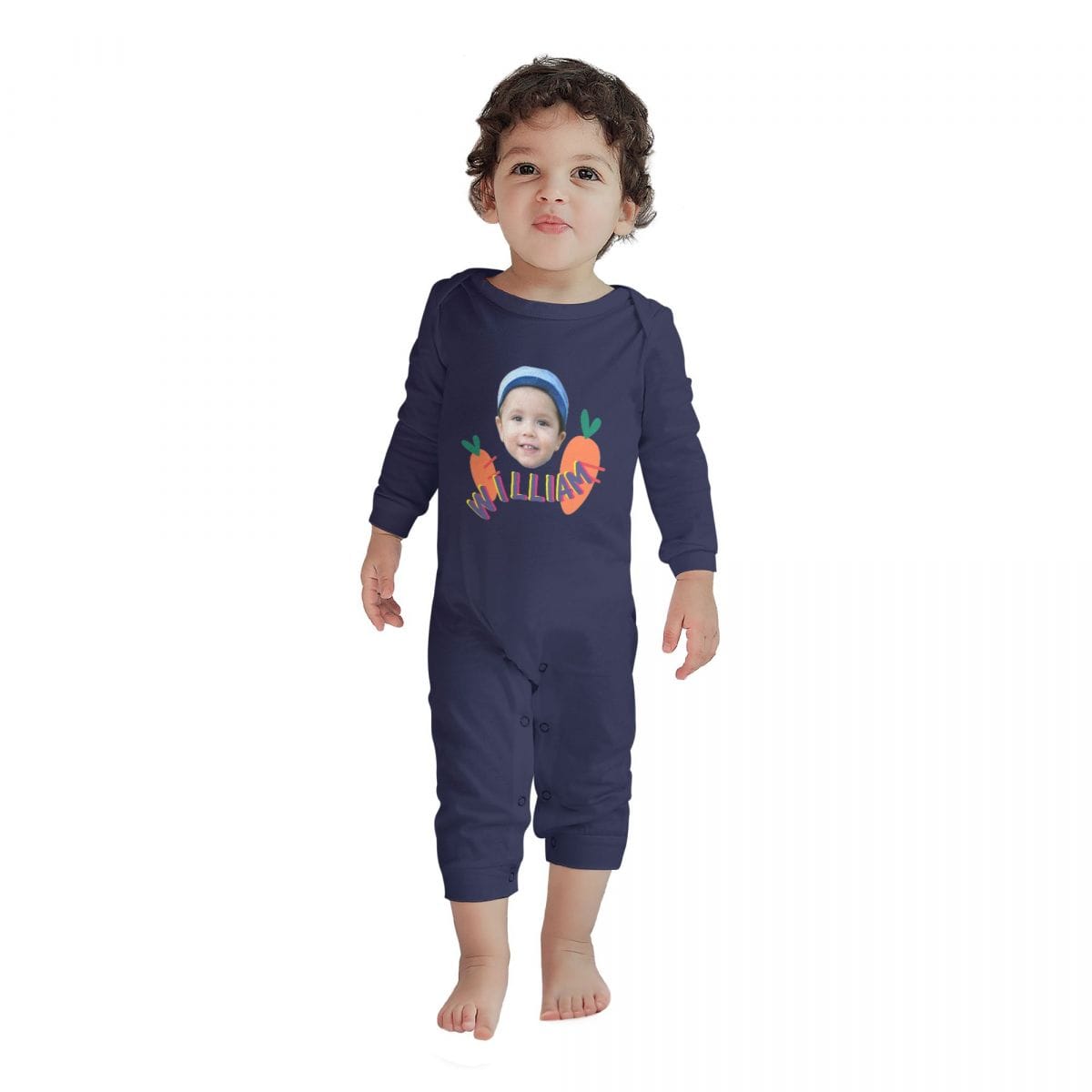 Custom #For 6M-2T-Custom Face&Name Carrot Long Sleeve Rompers 100% Organic Cotton Jumpsuit One-piece Coverall and Layette Set - YesCustom