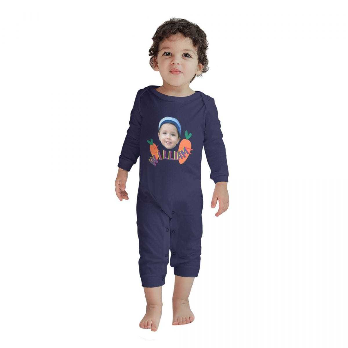 Custom #For 6M-2T-Custom Face&Name Carrot Long Sleeve Rompers 100% Organic Cotton Jumpsuit One-piece Coverall and Layette Set - YesCustom