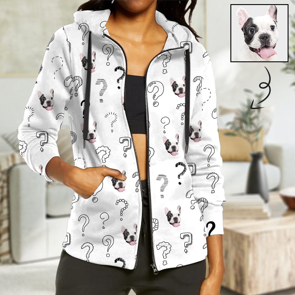 Custom Pet Face Question Mark Women's All Over Print White Full Zip Hoodie