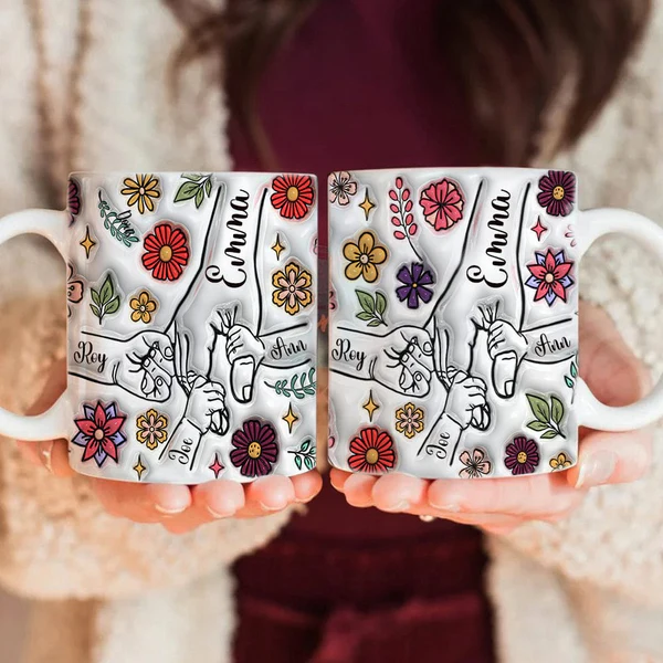 Custom Name Hold My Hand, Hold My Heart Family 3D Pattern 2D Flat Mug Personalized Gift