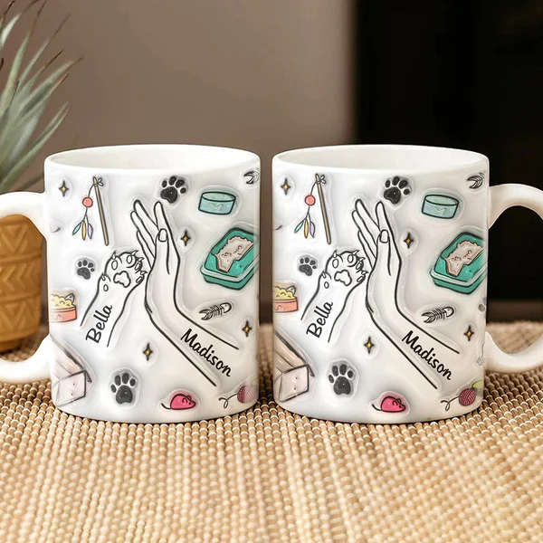 Custom Name Mom And Cat High Five Hand 3D Pattern 2D Flat Mug Personalized Gift