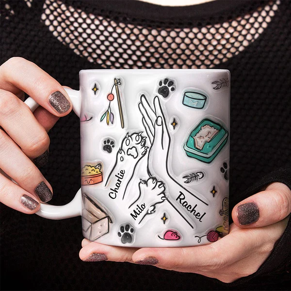 Custom Name Mom And Cat High Five Hand 3D Pattern 2D Flat Mug Personalized Gift