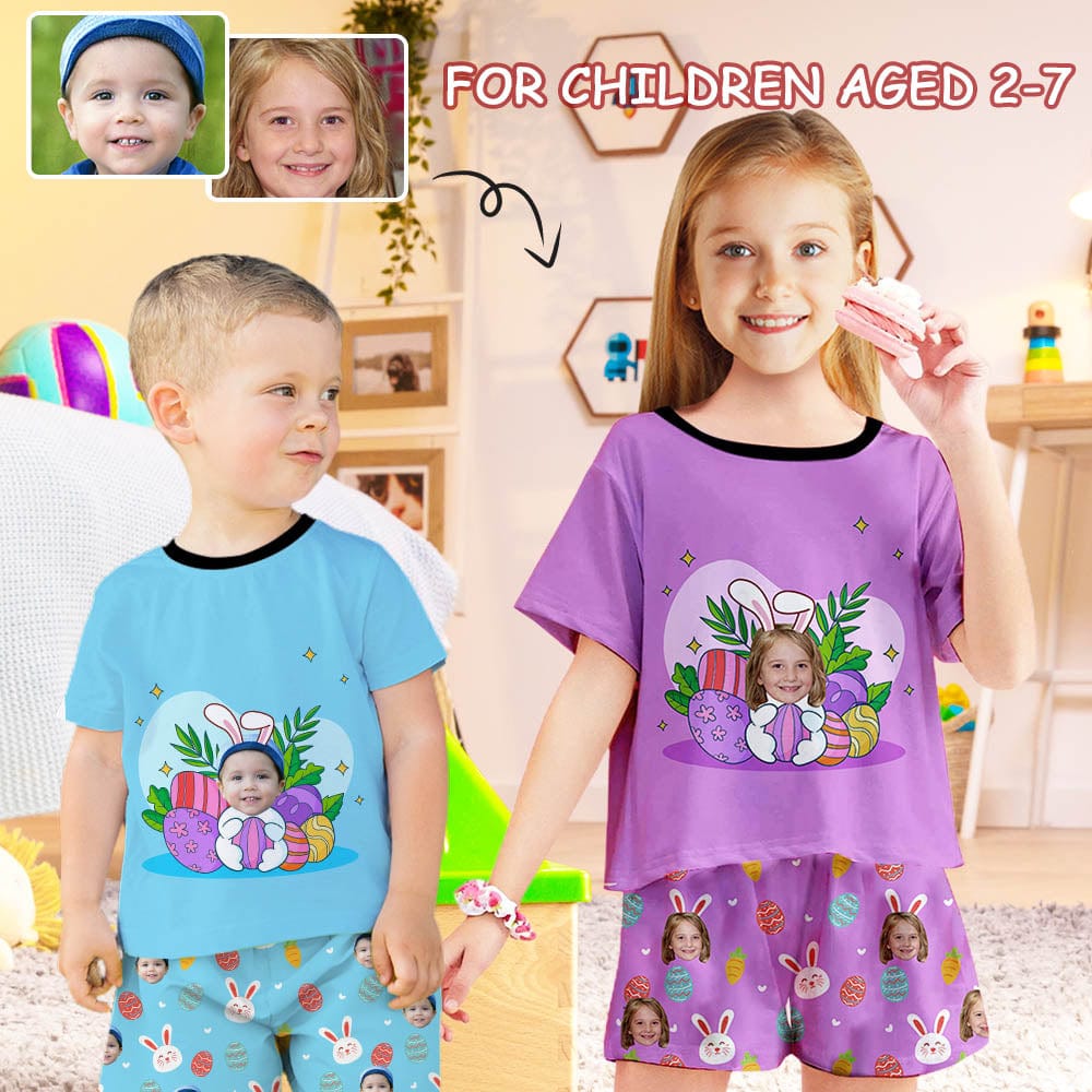 Custom Face Rabbit Easter Short Sleeve Pajama Set For Boys&Girls 2-7Y