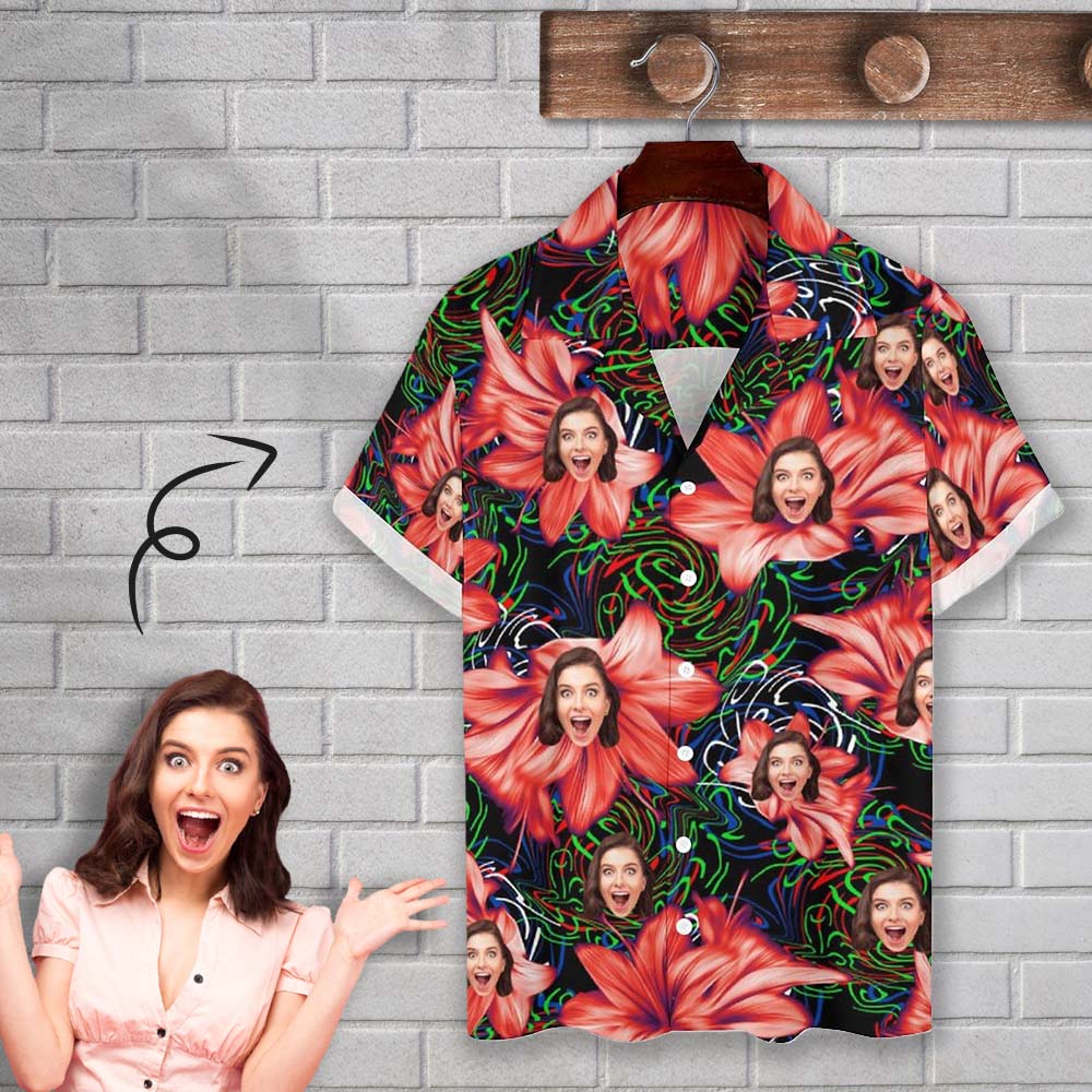 Cuban Collar Shirt with Face Red Flowers Create Your Own Shirt 