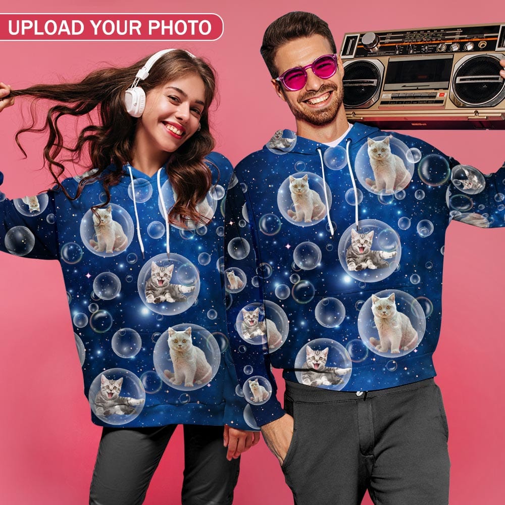Custom Pet Face Bubble Blue Hoodie Unisex Pullover Personalized Hoodie