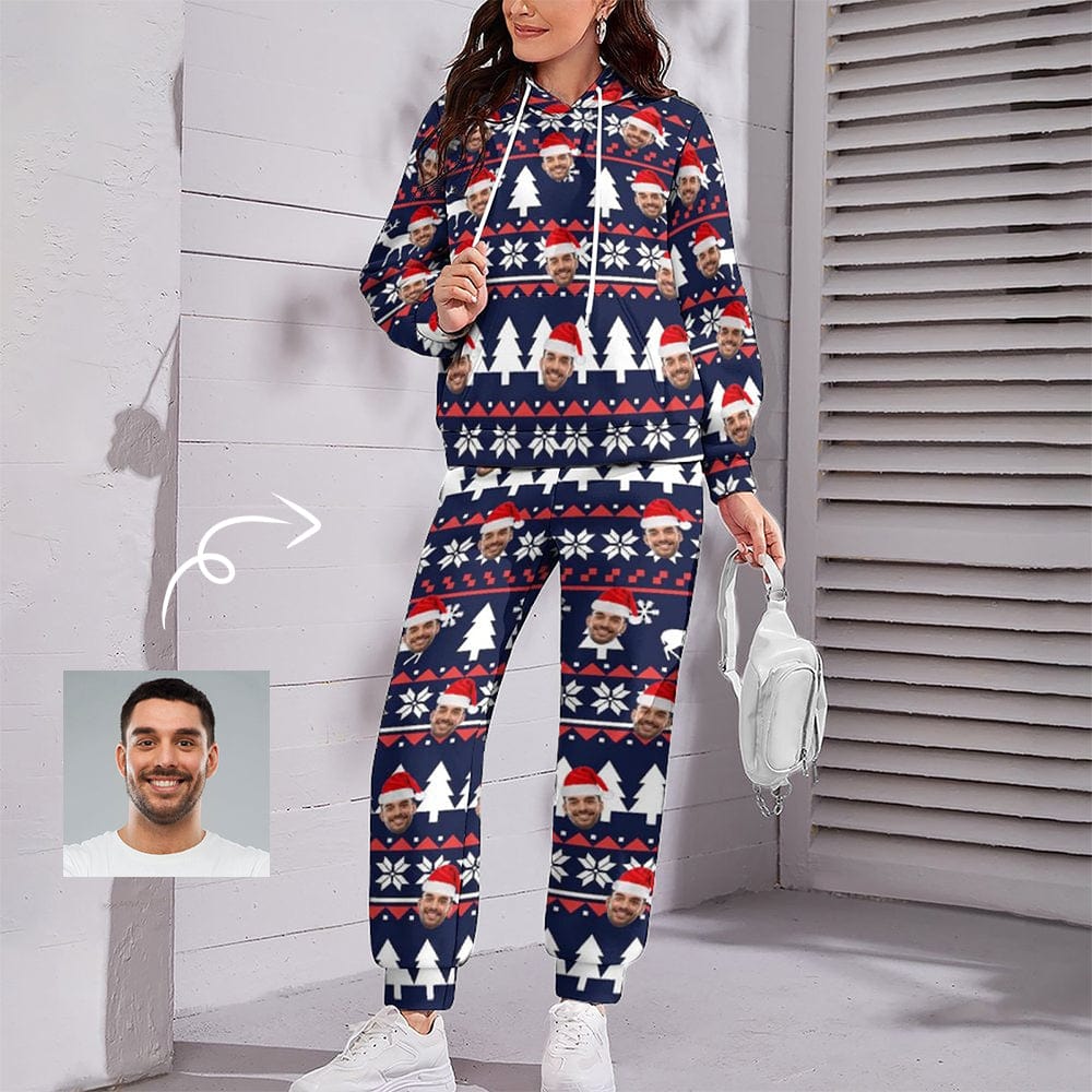 Personalized Blue Christmas Hoodie Custom Face Hoodie Sweatpant Set
