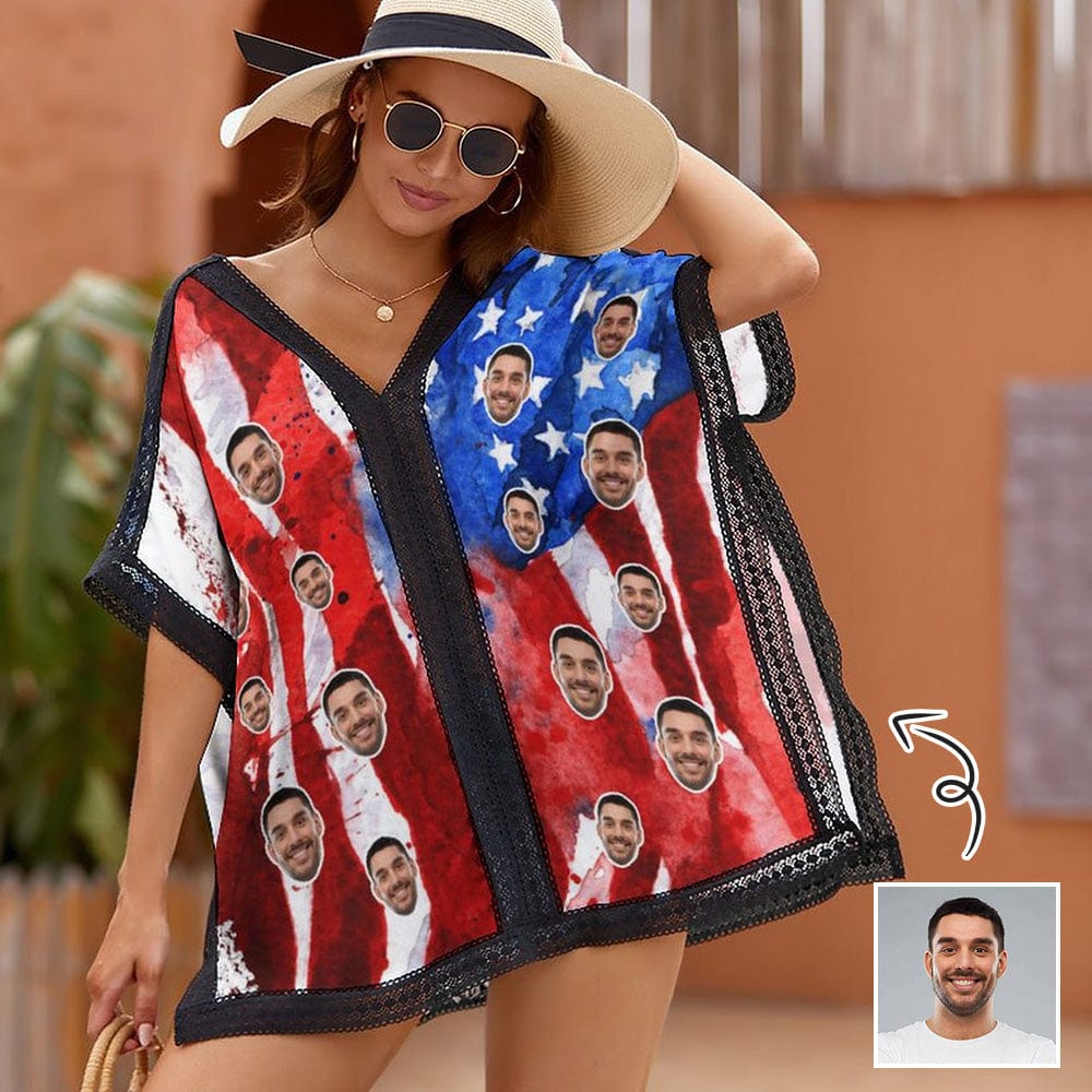 Custom #Independence Day# Custom Face Bikini Swimsuit Cover Up for the 4th of July Personalized Cover Up Dress Women's Beachwear Cover Ups - YesCustom