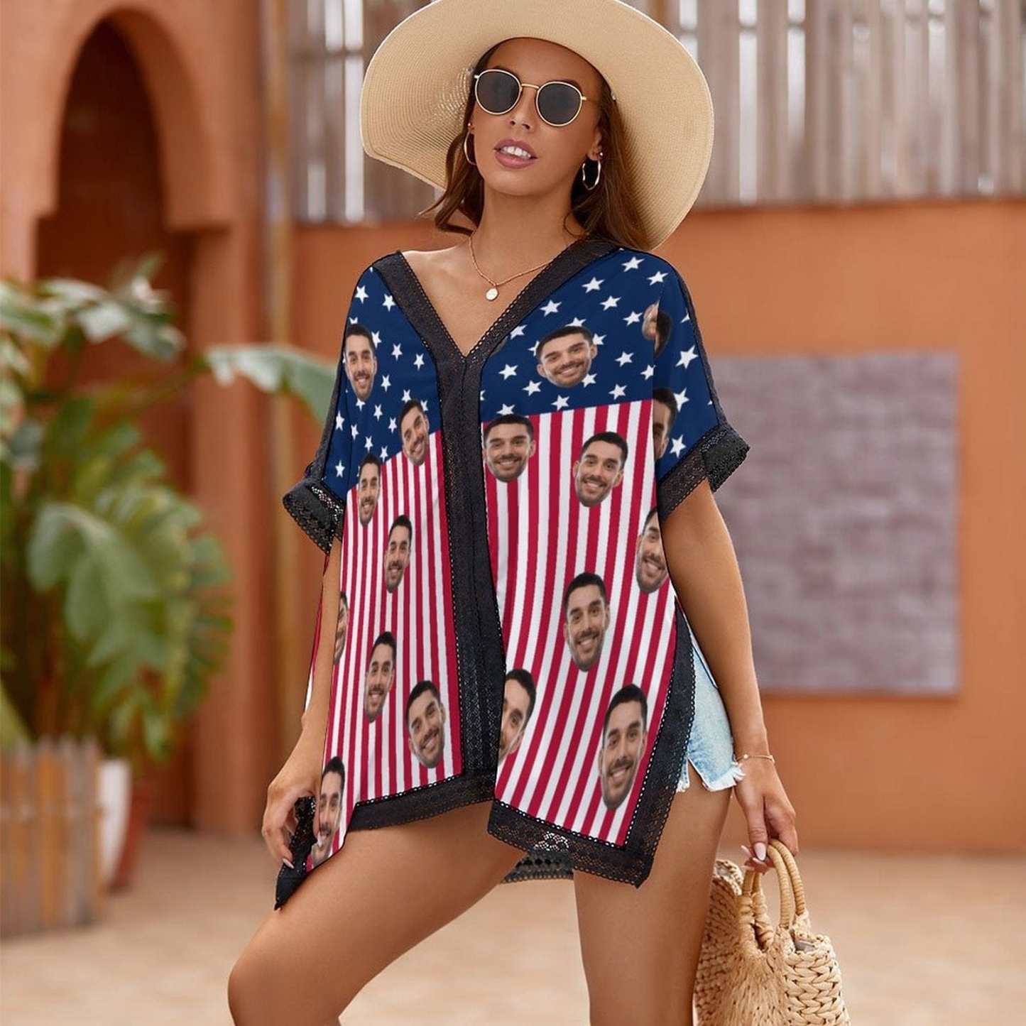 Custom #Independence Day# Custom Face USA Flag Women's Bikini Swimsuit Cover Up - YesCustom
