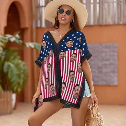 Custom #Independence Day# Custom Face USA Flag Women's Bikini Swimsuit Cover Up - YesCustom