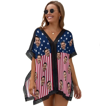 Custom #Independence Day# Custom Face USA Flag Women's Bikini Swimsuit Cover Up - YesCustom