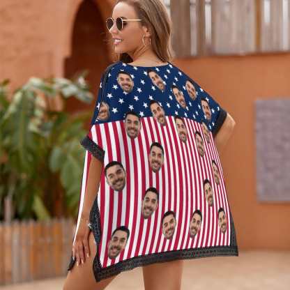 Custom #Independence Day# Custom Face USA Flag Women's Bikini Swimsuit Cover Up - YesCustom