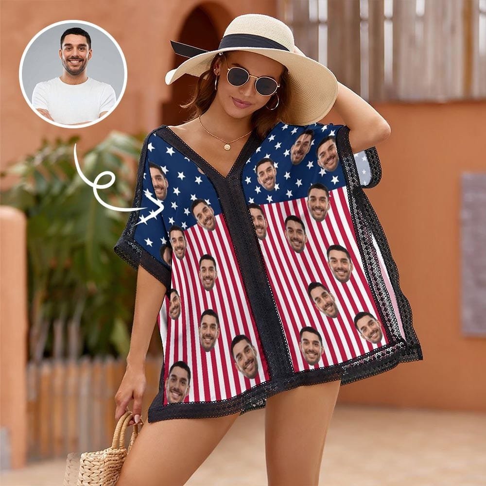 Custom #Independence Day# Custom Face USA Flag Women's Bikini Swimsuit Cover Up - YesCustom