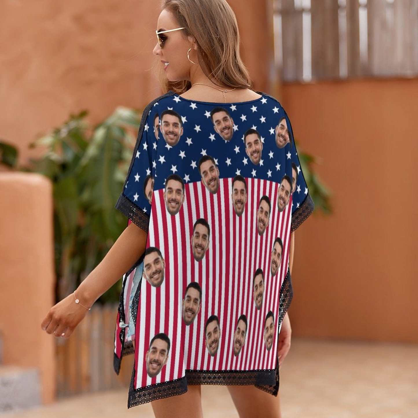 Custom #Independence Day# Custom Face USA Flag Women's Bikini Swimsuit Cover Up - YesCustom