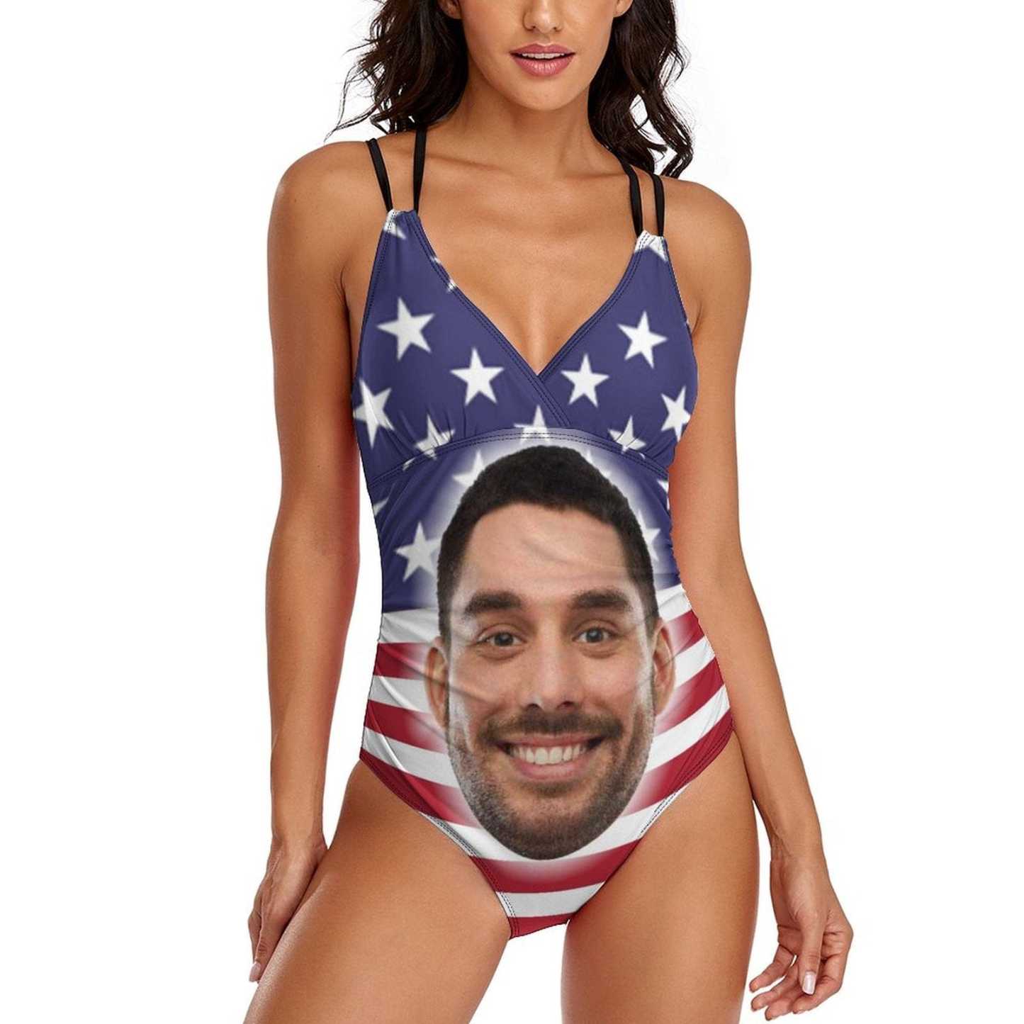Custom #Independence Day#Custom Big Face Swimsuit Personalized Women's One Piece Swimsuit With Lover's Face - YesCustom