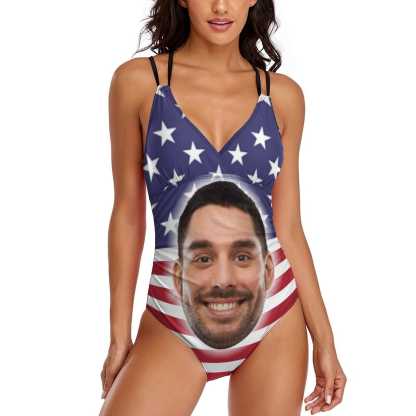 Custom #Independence Day#Custom Big Face Swimsuit Personalized Women's One Piece Swimsuit With Lover's Face - YesCustom