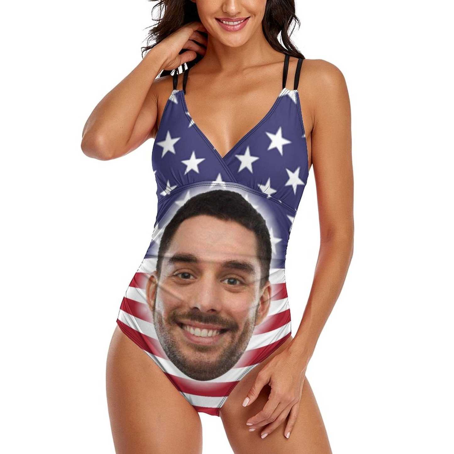 Custom #Independence Day#Custom Big Face Swimsuit Personalized Women's One Piece Swimsuit With Lover's Face - YesCustom